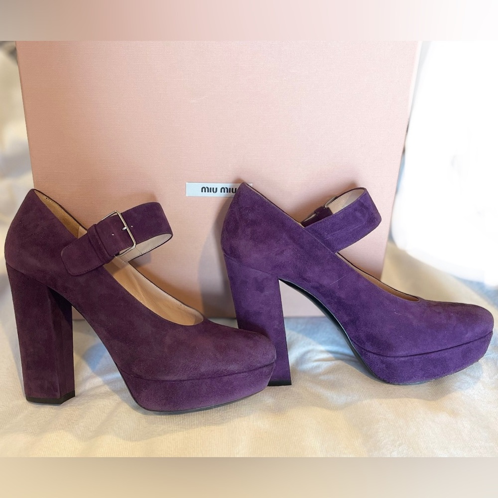 Miu Miu Purple Suede Mary Jane Heels Sz 37.5 - Picture 3 of 7